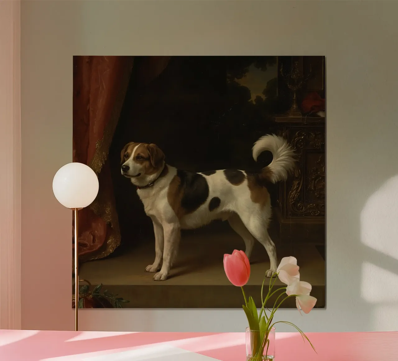 Chien se tenant gracieusement debout sur une toile de fond ornée dans une pièce classique poster avec cadre en plastique de DesignDoodle