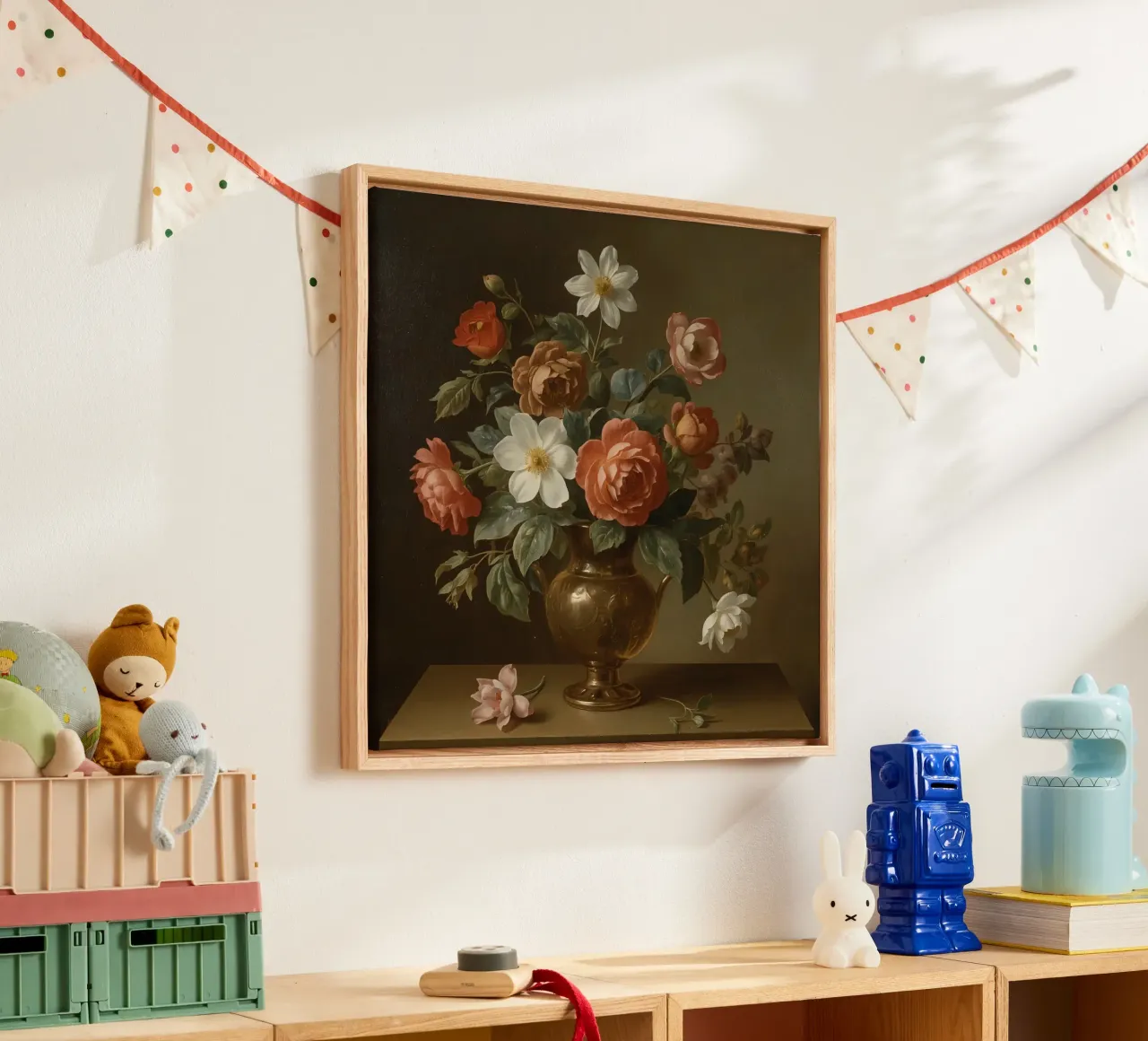 Bouquet of roses and flowers arranged in a decorative vase canvas with Floater frame by DesignDoodle