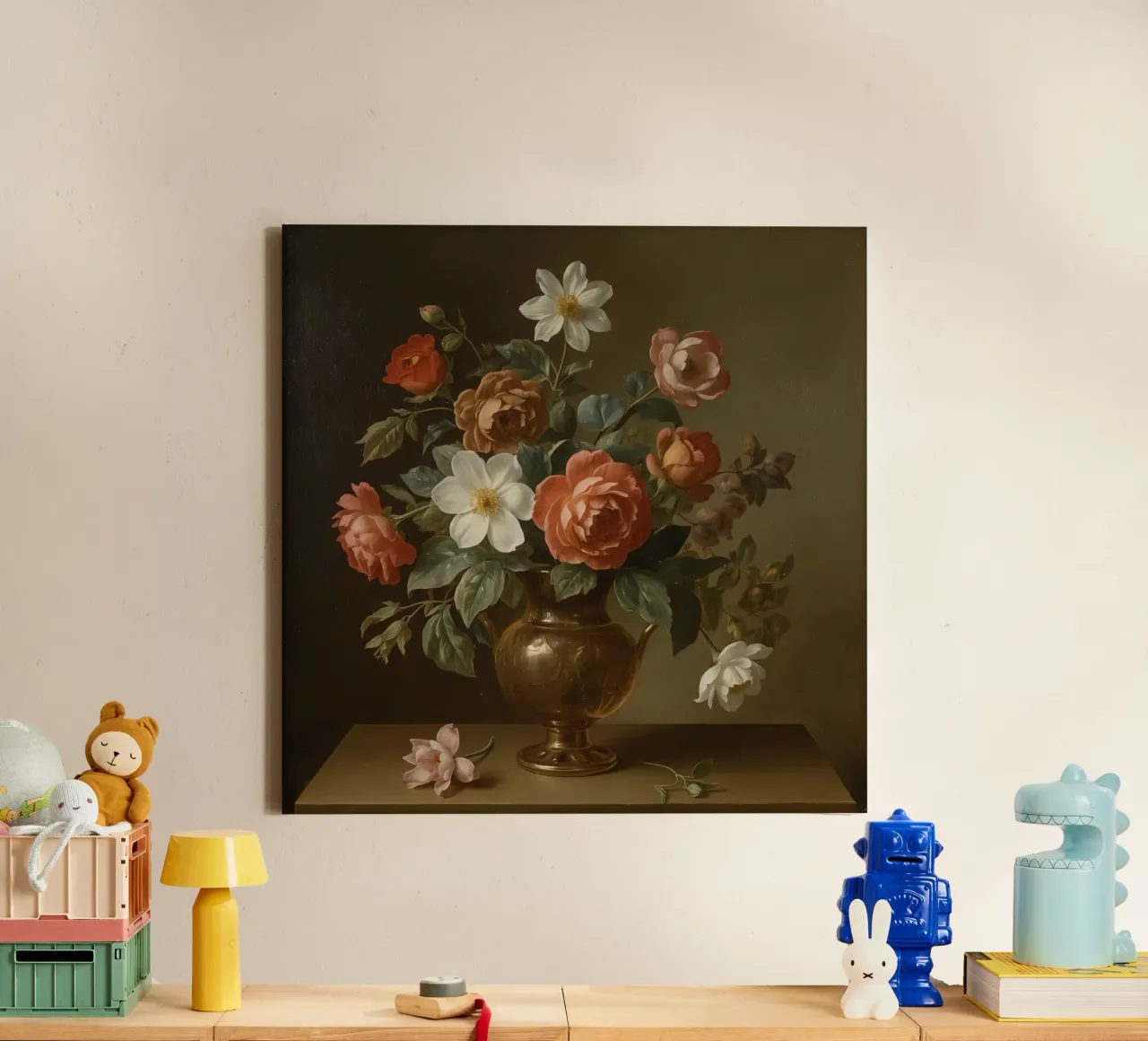 Bouquet of roses and flowers arranged in a decorative vase canvas with Floater frame by DesignDoodle