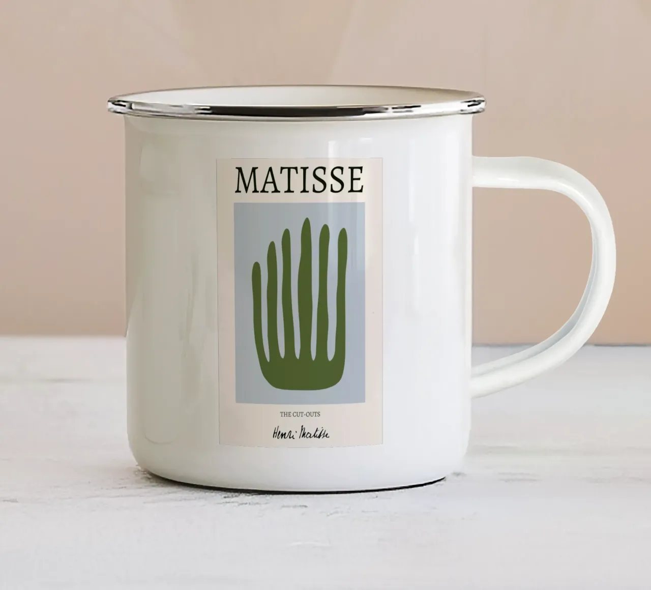 Matisse "De uitsnijdingen" Olijfgroene palm Abstract emaille mok van homdeco