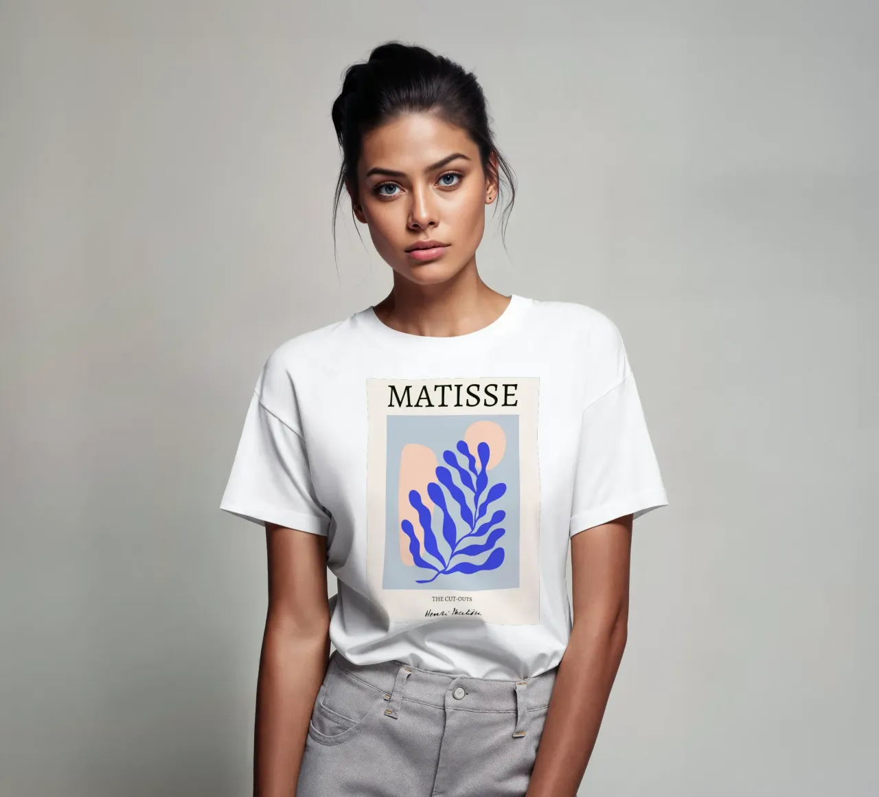 Matisse "I ritagli" Foglia blu e forme di pesca astratte t-shirt da homdeco