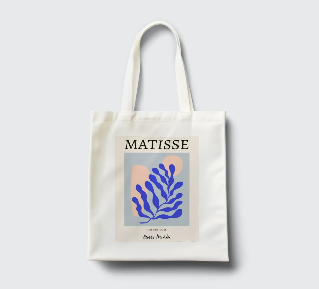 Matisse "I ritagli" Foglia blu e forme di pesca astratte borsa in juta da homdeco