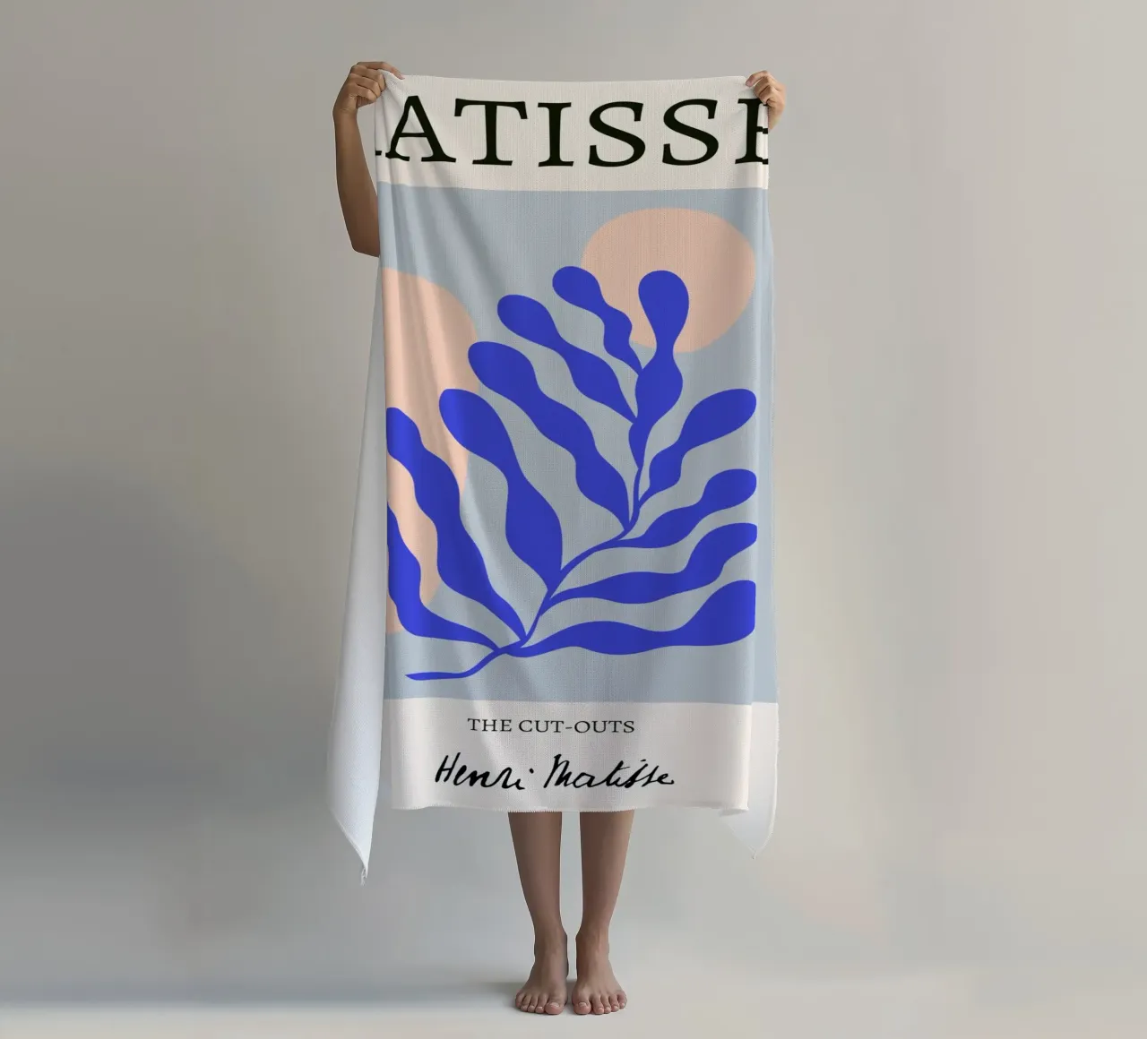 Matisse "I ritagli" Foglia blu e forme di pesca astratte telo mare da homdeco
