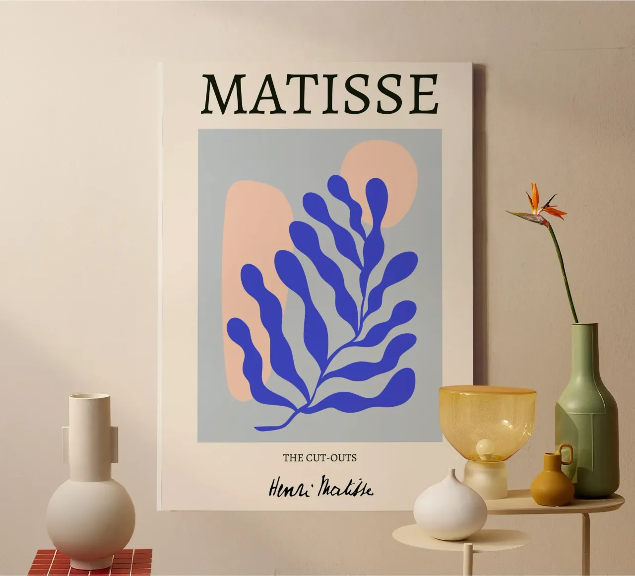 Matisse "I ritagli" Foglia blu e forme di pesca astratte tela da homdeco