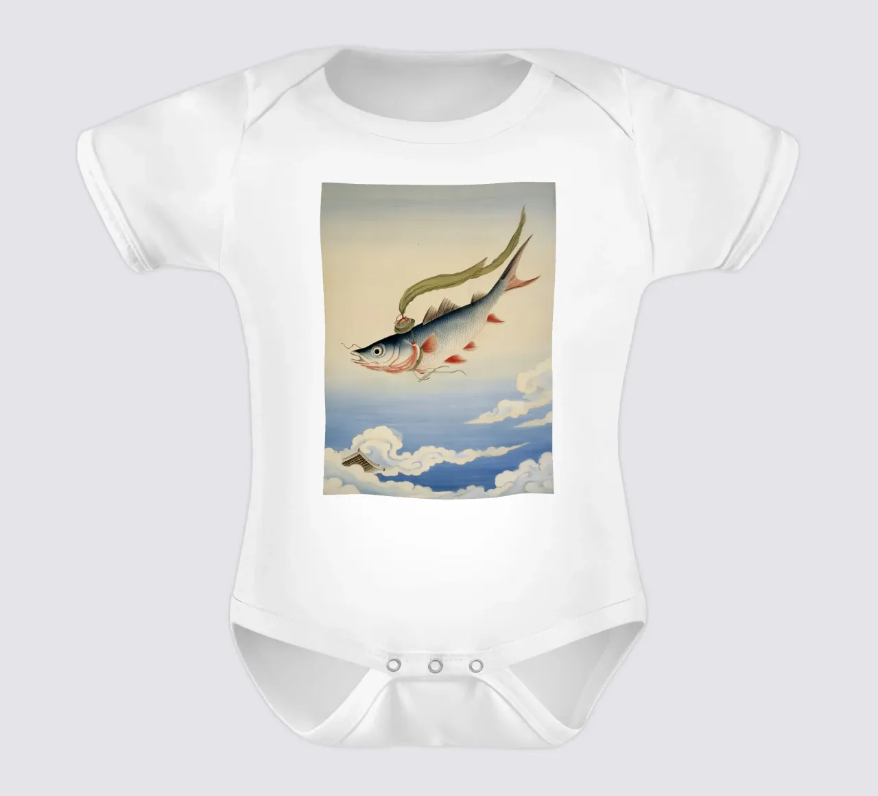 Artistic Fish: Sky & Sea Sardine Asian Seaside Escape Art short-sleeve baby romper by Kaji