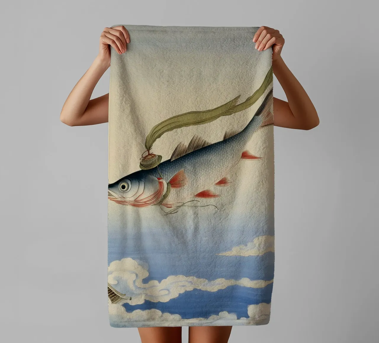 Artistic Fish: Sky & Sea Sardine Asian Seaside Escape Art towel by Kaji