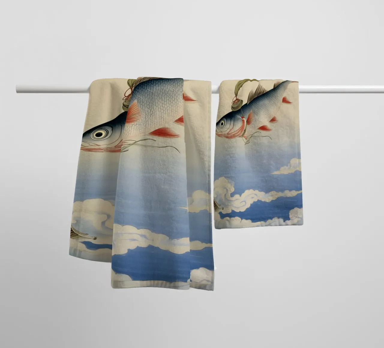 Artistic Fish: Sky & Sea Sardine Asian Seaside Escape Art towel by Kaji