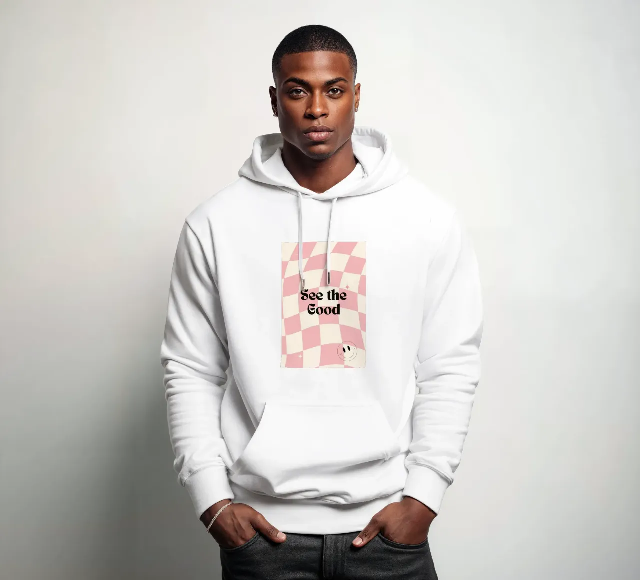 Poster retrò "See the Good" a scacchi rosa ondulati felpa con cappuccio da homdeco