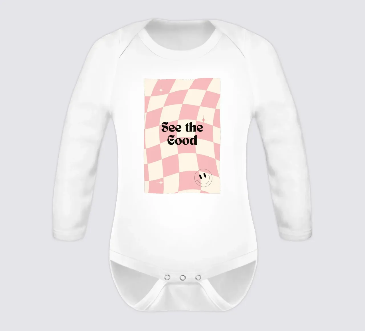 Poster retrò "See the Good" a scacchi rosa ondulati body neonato maniche lunghe da homdeco