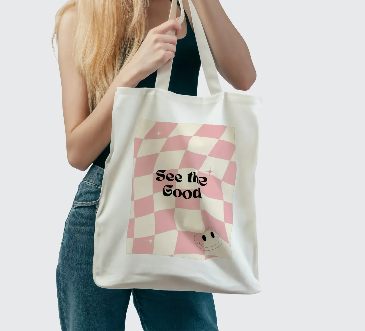 Poster retrò "See the Good" a scacchi rosa ondulati borsa in juta da homdeco