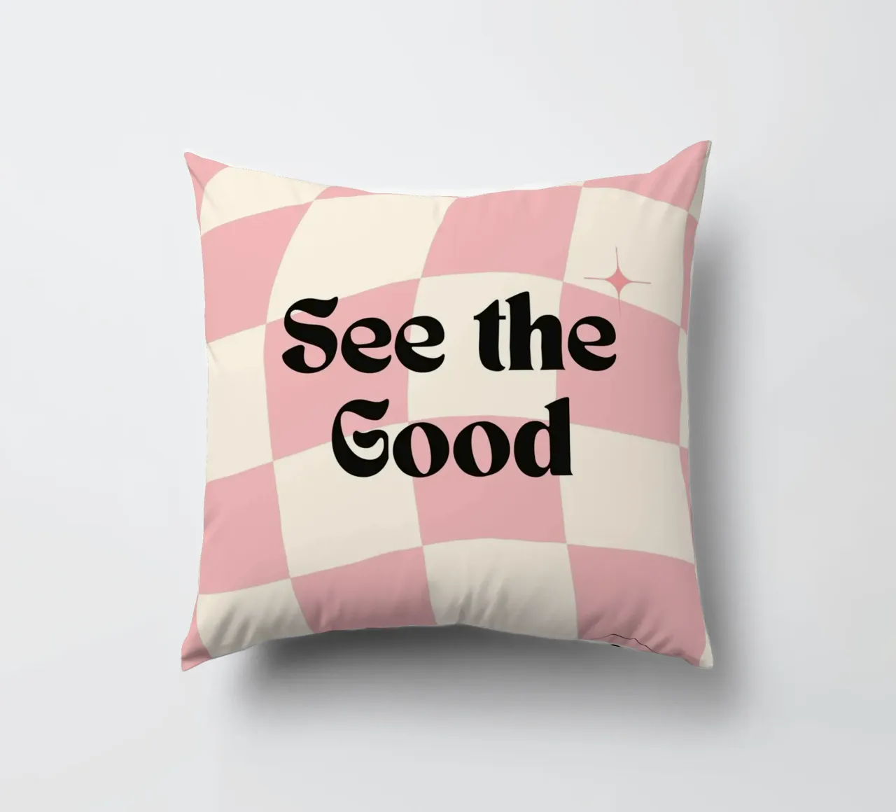 Poster retrò "See the Good" a scacchi rosa ondulati cuscino da homdeco
