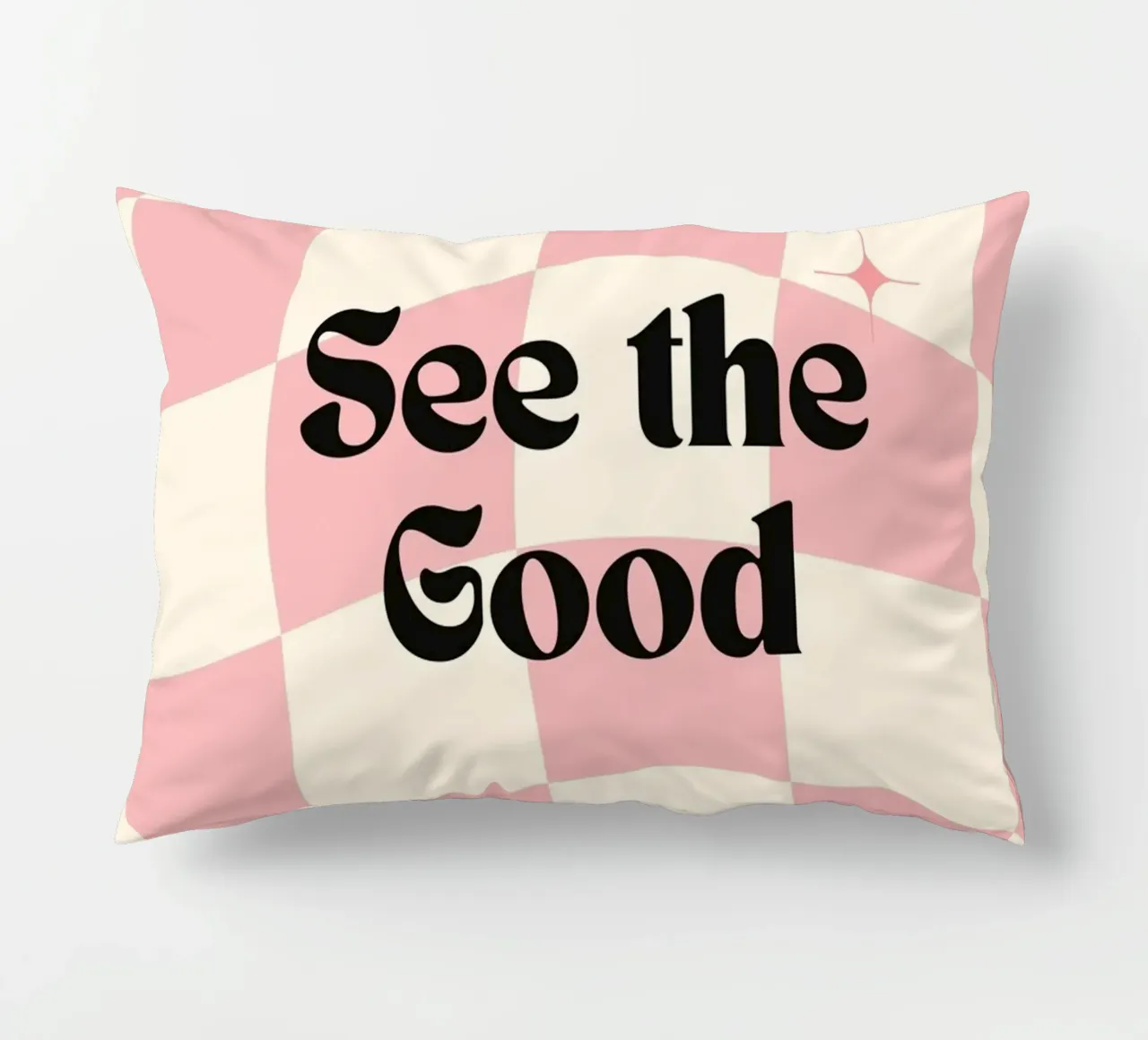 Poster retrò "See the Good" a scacchi rosa ondulati cuscino da homdeco