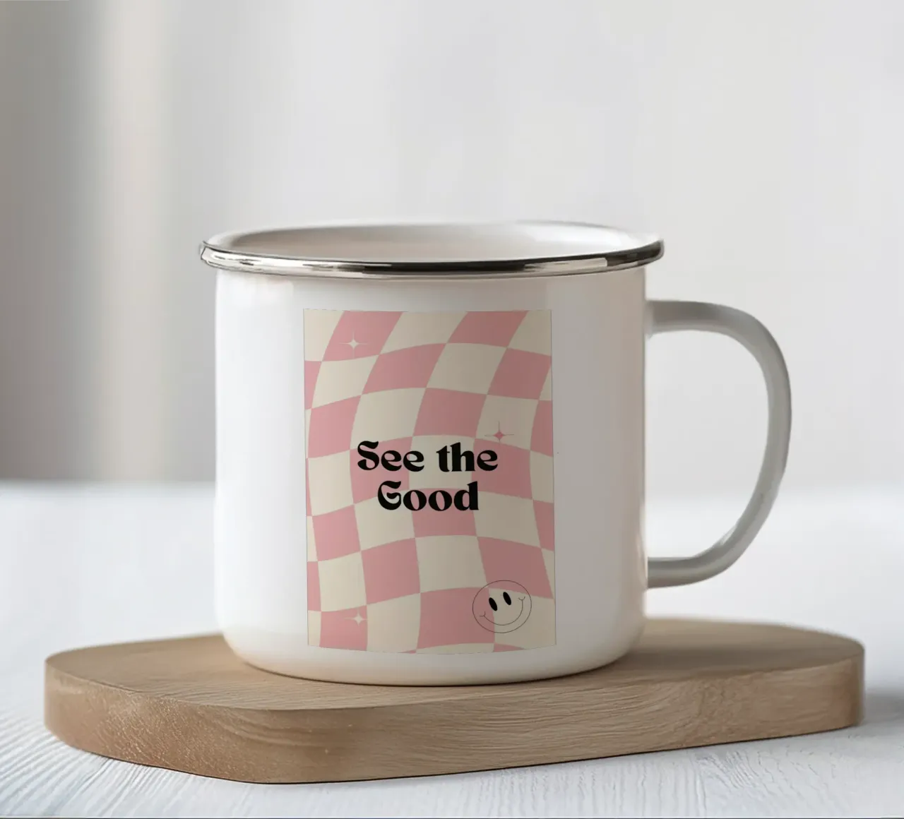 Poster retrò "See the Good" a scacchi rosa ondulati tazza in smalto da homdeco