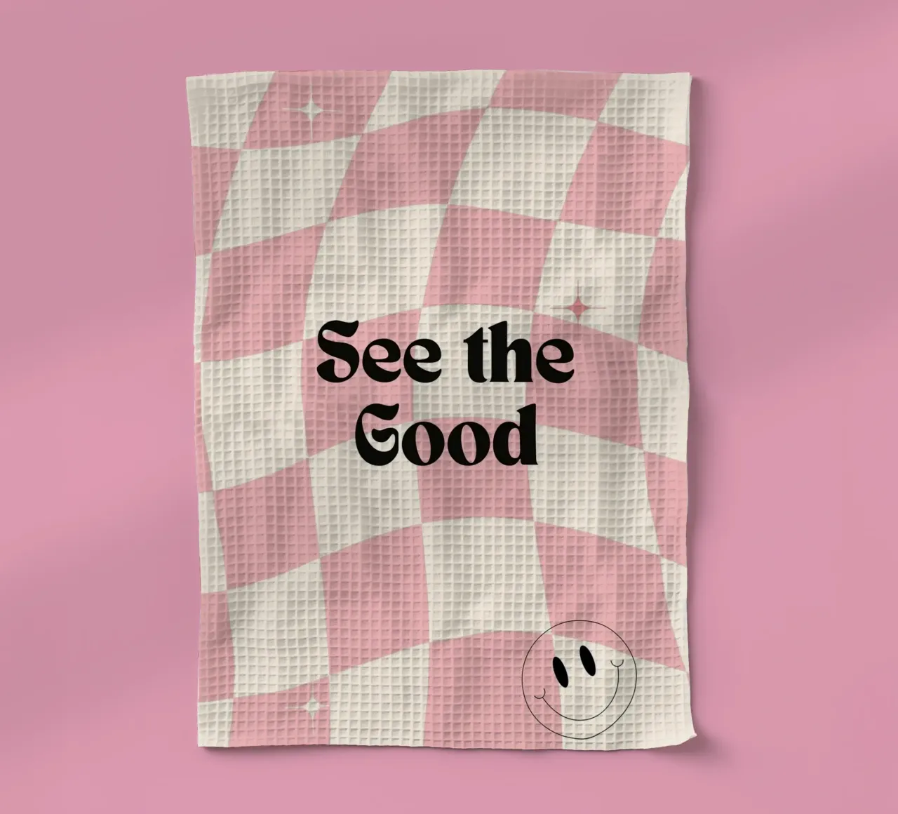 Poster retrò "See the Good" a scacchi rosa ondulati canovaccio da cucina da homdeco