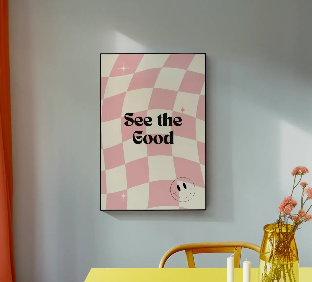 Poster retrò "See the Good" a scacchi rosa ondulati plexiglass da homdeco
