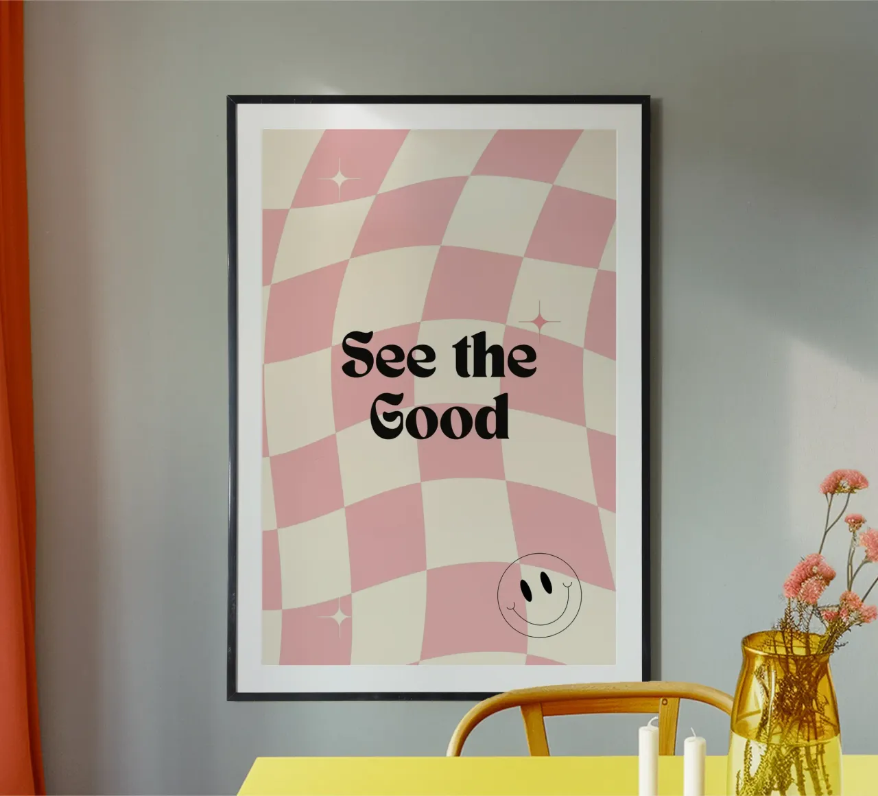Poster retrò "See the Good" a scacchi rosa ondulati carta hahnemühle da homdeco