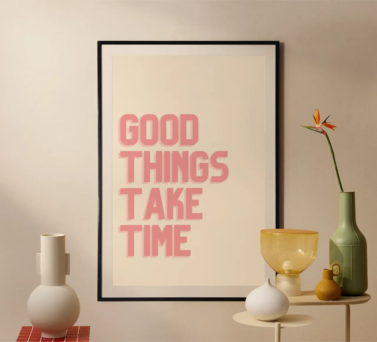 "Gut Ding will Weile haben" Minimalistisches Rosa Zitat Poster mit Aluminium Rahmen von homdeco