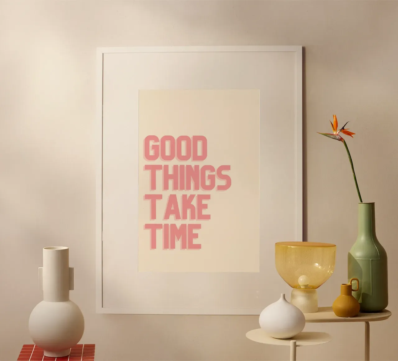 "Gut Ding will Weile haben" Minimalistisches Rosa Zitat Poster mit Aluminium Rahmen von homdeco