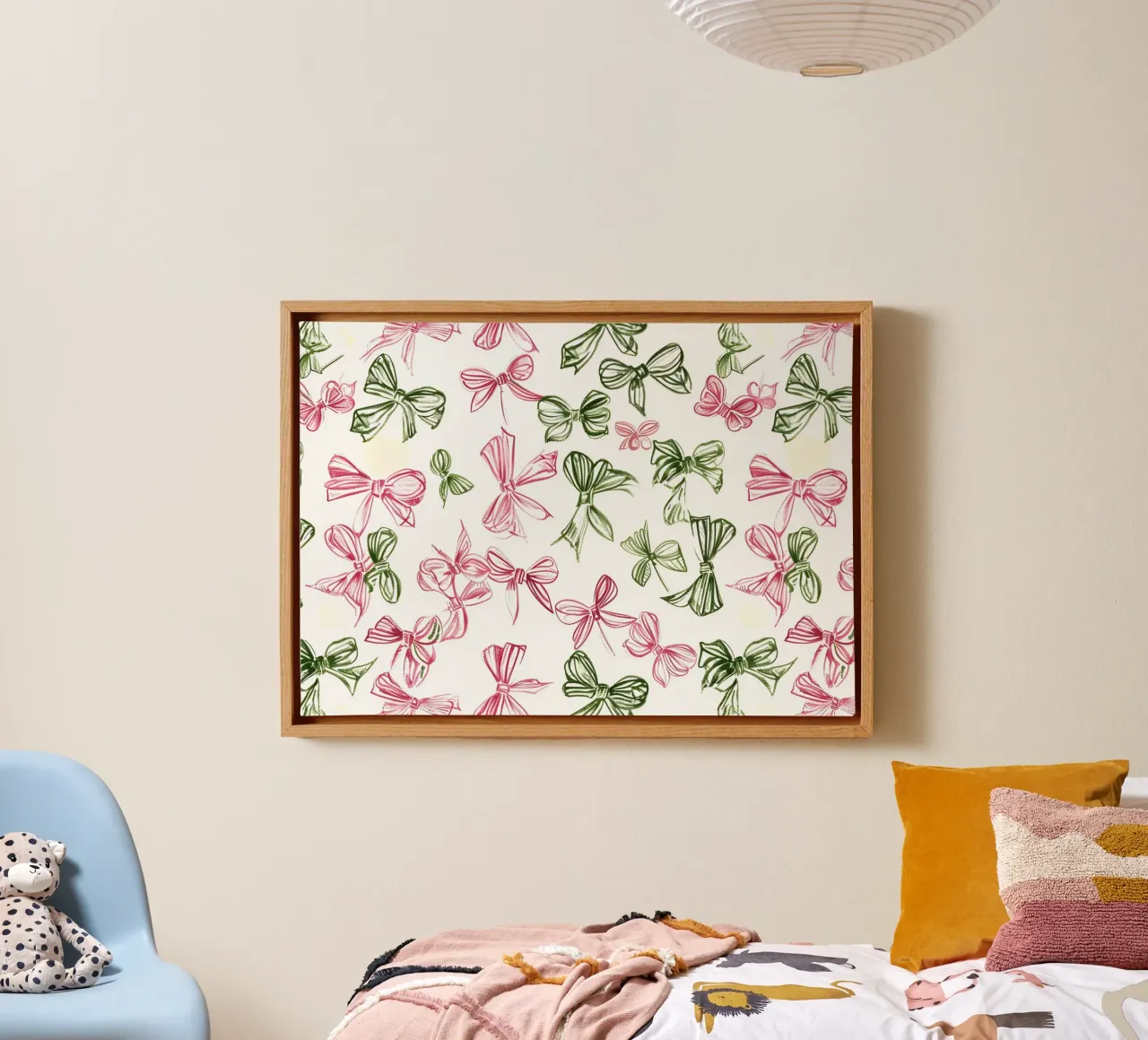 Festive Pink & Green Bows Pattern Print canvas with Floater frame by homdeco