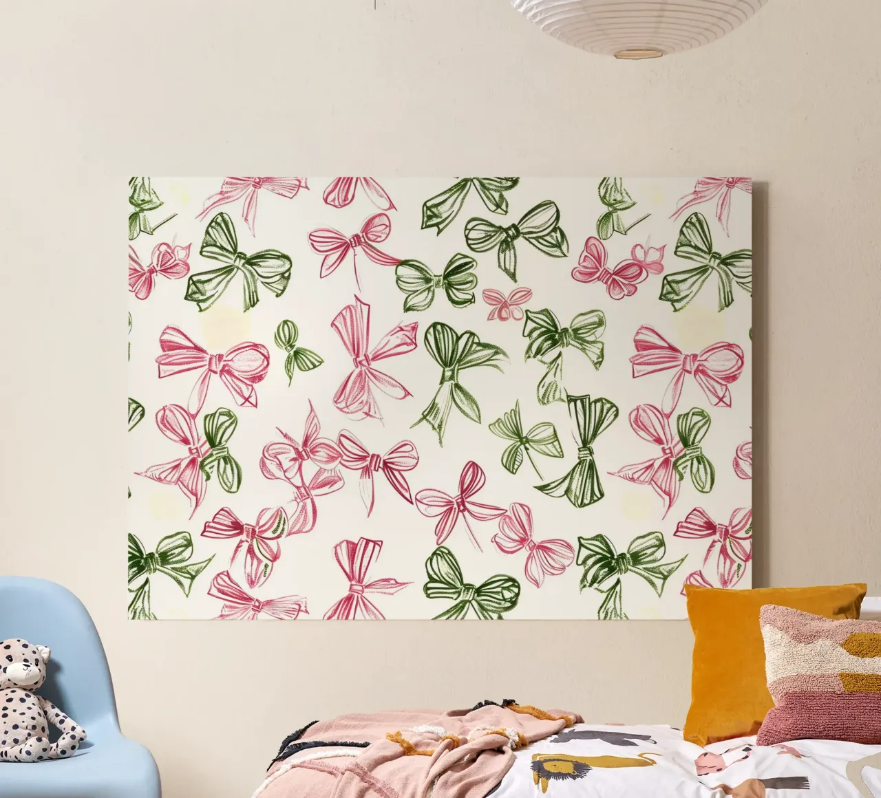 Festive Pink & Green Bows Pattern Print canvas with Floater frame by homdeco