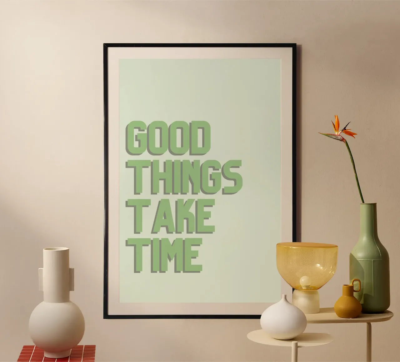 "Gut Ding will Weile haben" Minimalistisches Grünes Zitat Poster mit Holzrahmen von homdeco