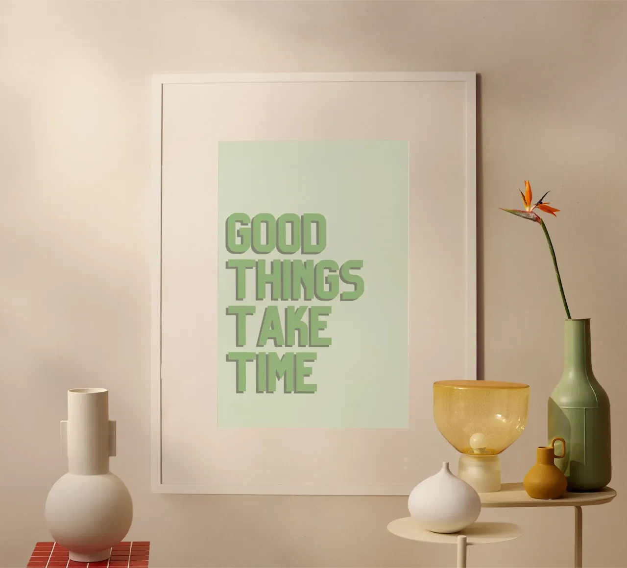 "Gut Ding will Weile haben" Minimalistisches Grünes Zitat Poster mit Holzrahmen von homdeco