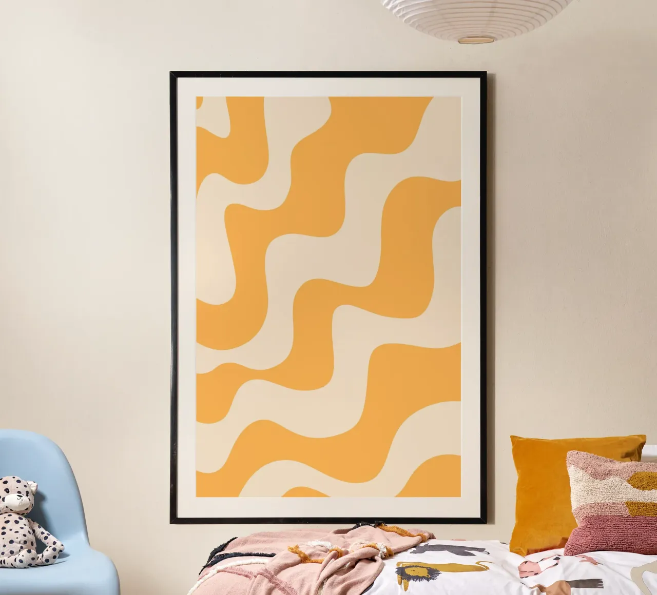 Retro Oranje Golvende Abstracte Esthetische Print poster met houten frame van homdeco