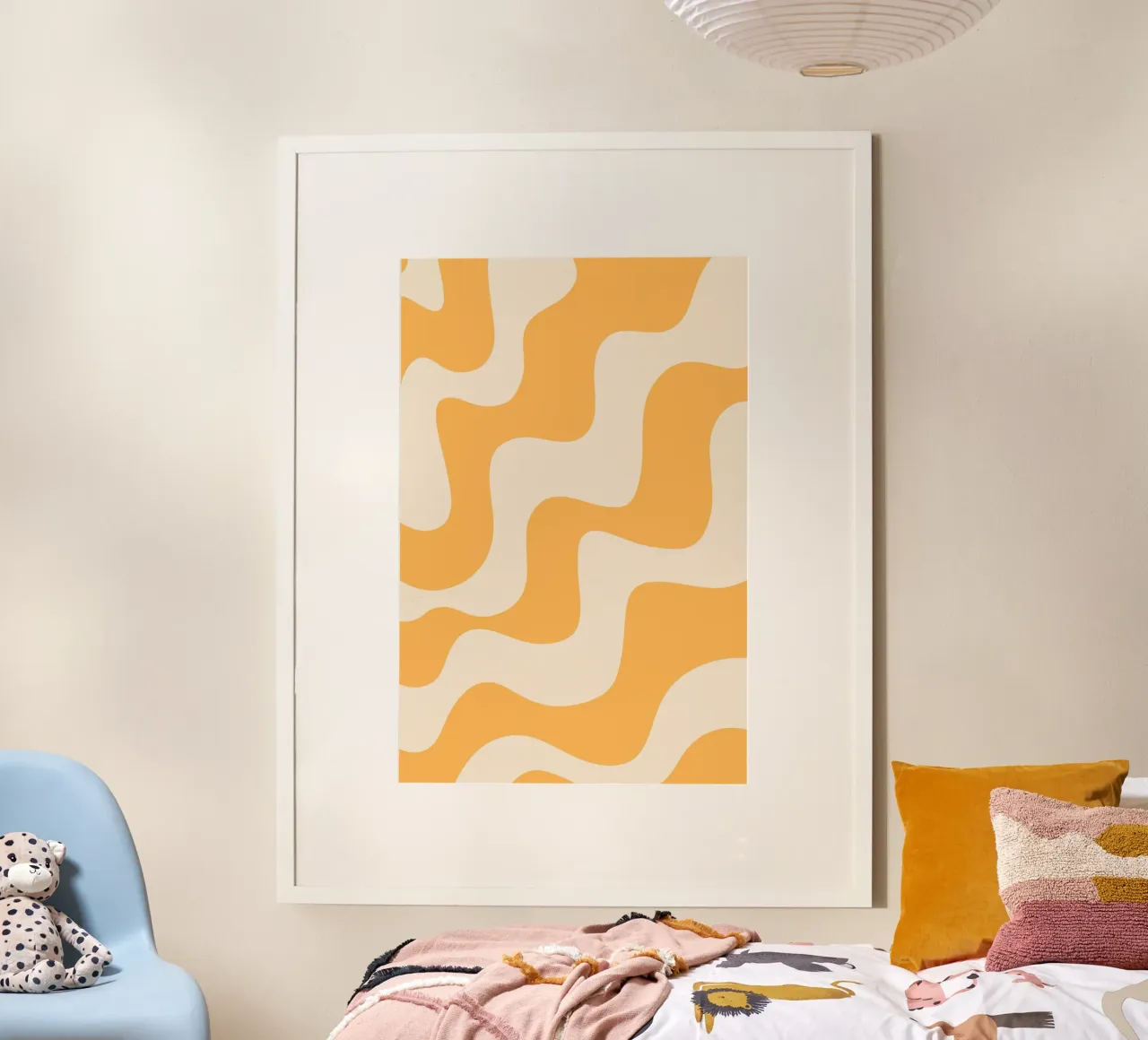 Retro Oranje Golvende Abstracte Esthetische Print poster met houten frame van homdeco