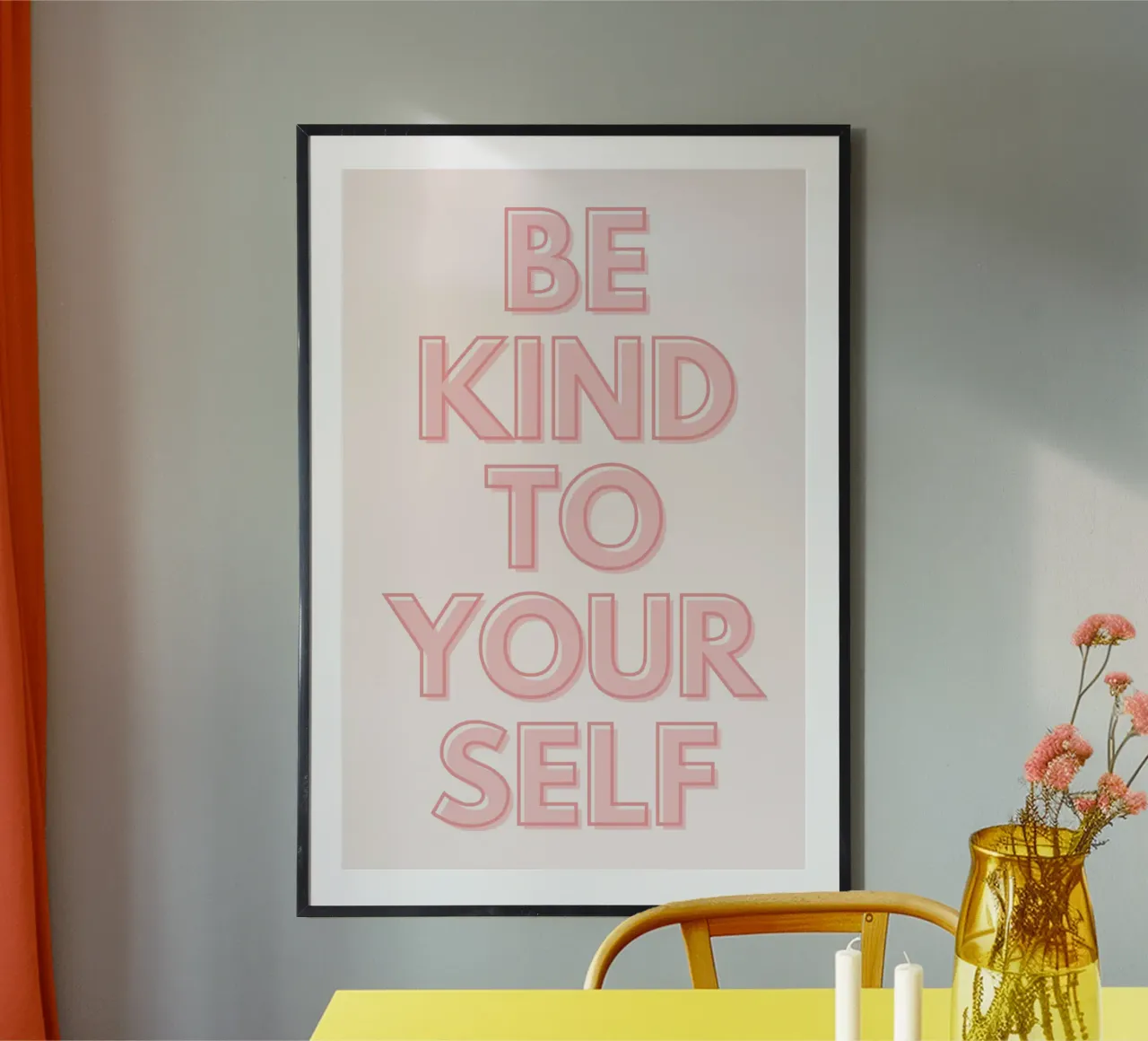 Imprimé de motivation rose "Be Kind To Yourself" (Soyez gentils avec vous-même) poster avec cadre en bois de homdeco