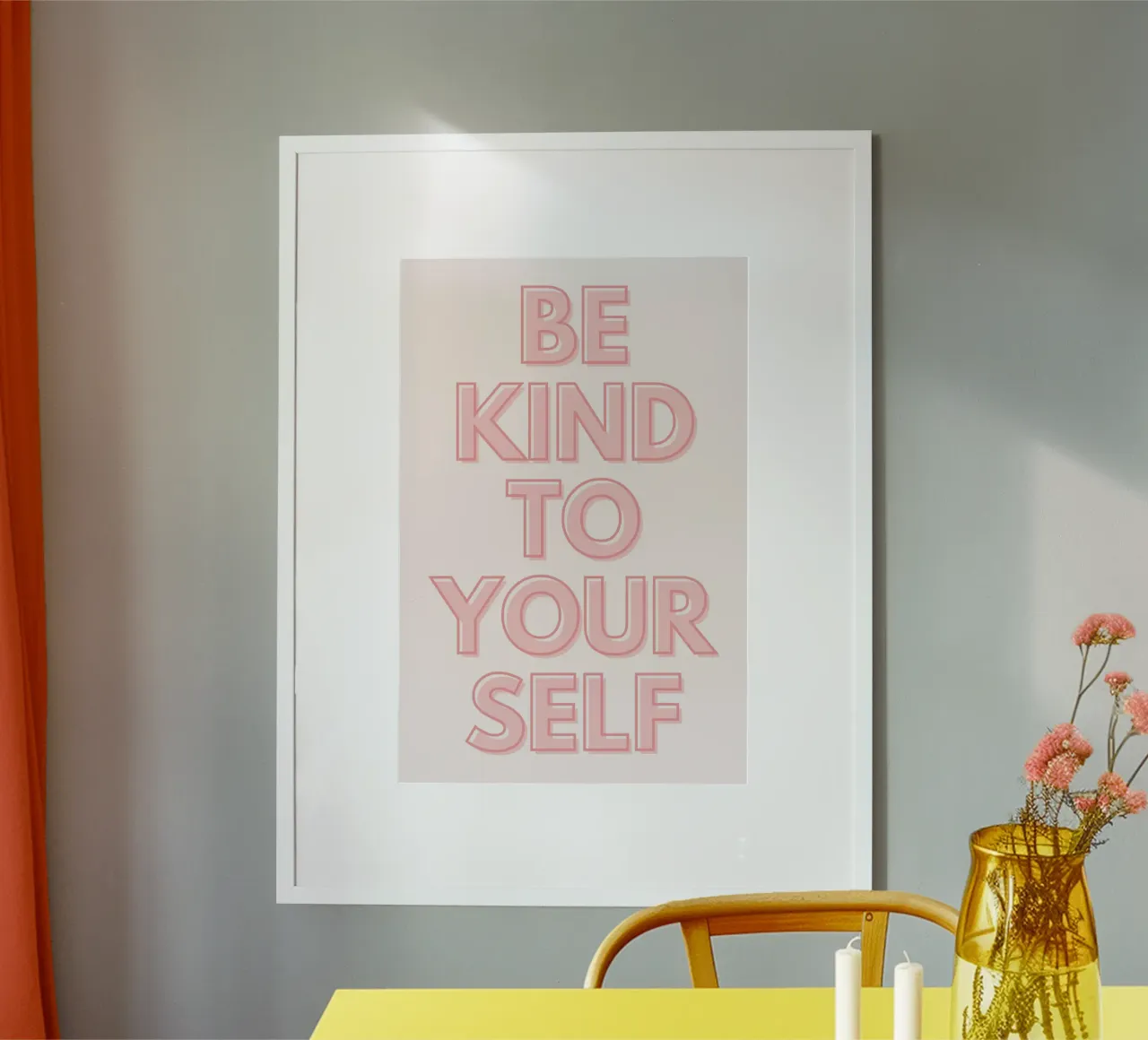 Imprimé de motivation rose "Be Kind To Yourself" (Soyez gentils avec vous-même) poster avec cadre en bois de homdeco