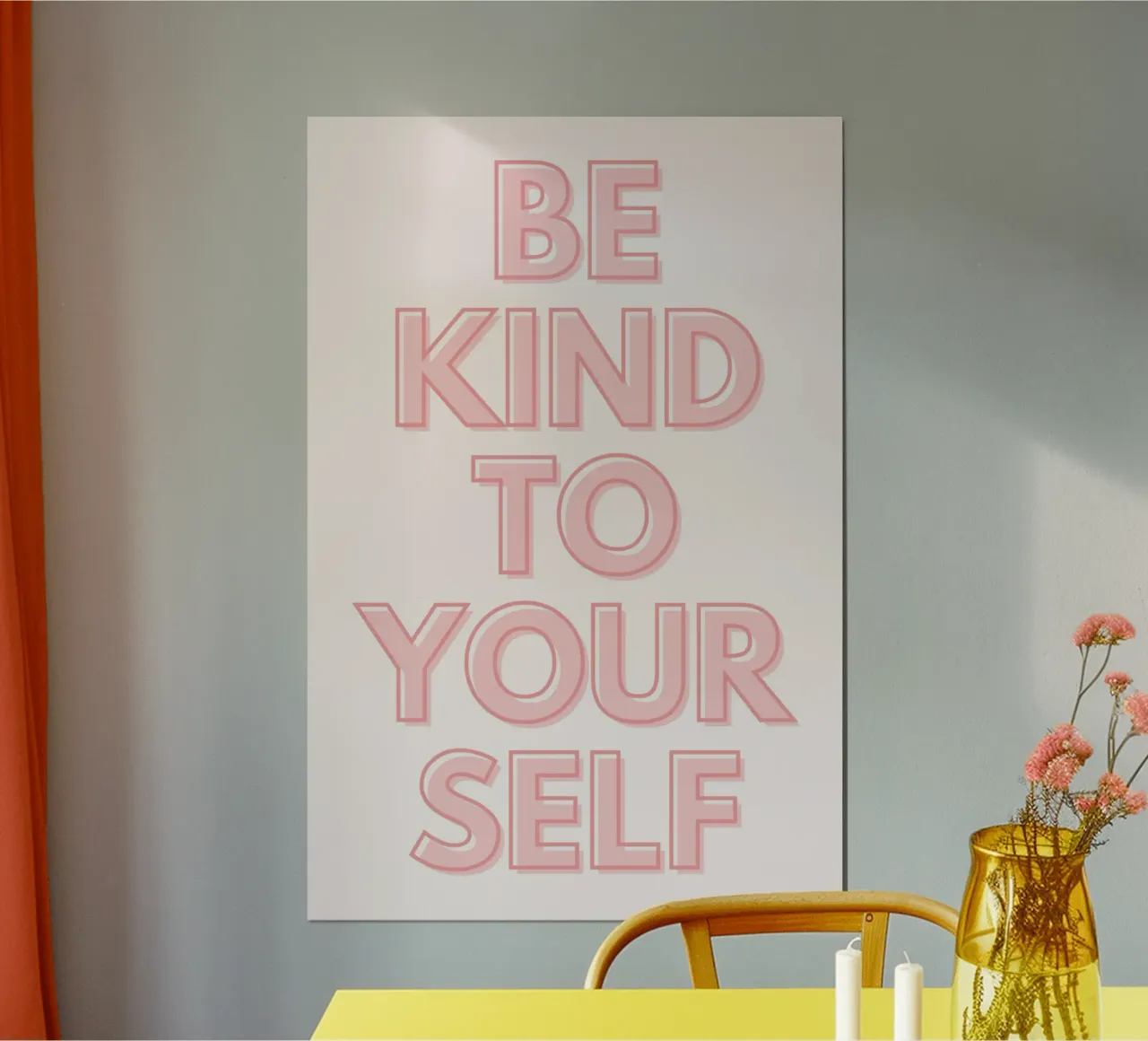Imprimé de motivation rose "Be Kind To Yourself" (Soyez gentils avec vous-même) poster avec cadre en bois de homdeco