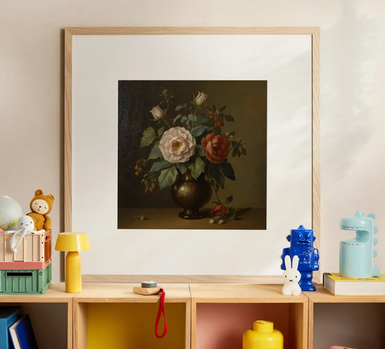 composizione floreale classica con rose in un vaso scuro poster con telaio in plastica da DesignDoodle