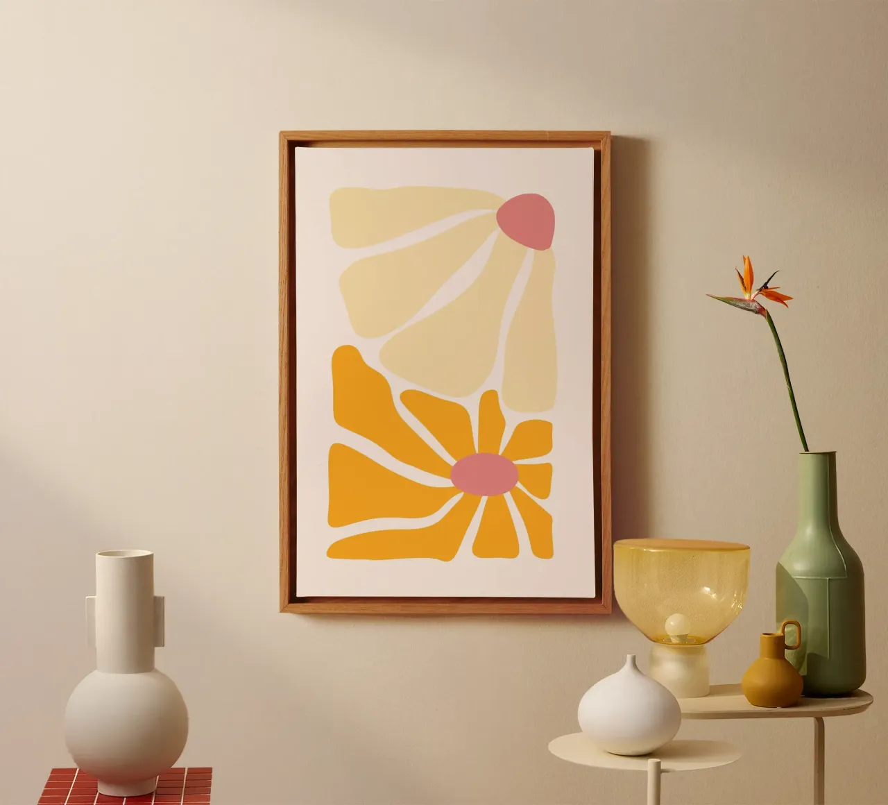 Abstracte Boho Bloemen Oranje & Roze Kunstdruk canvas met Baklijst van homdeco