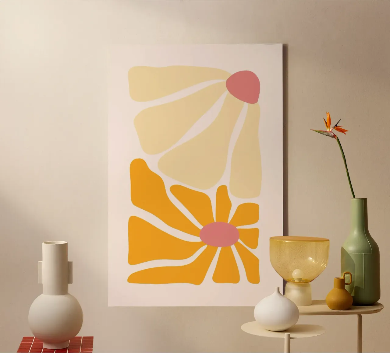 Abstracte Boho Bloemen Oranje & Roze Kunstdruk canvas met Baklijst van homdeco