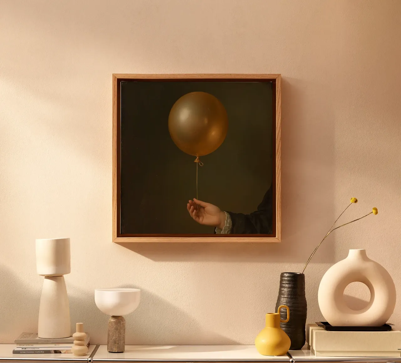 Pallone d'oro tenuto da una mano su uno sfondo scuro tela con Cornice a cassetta da DesignDoodle