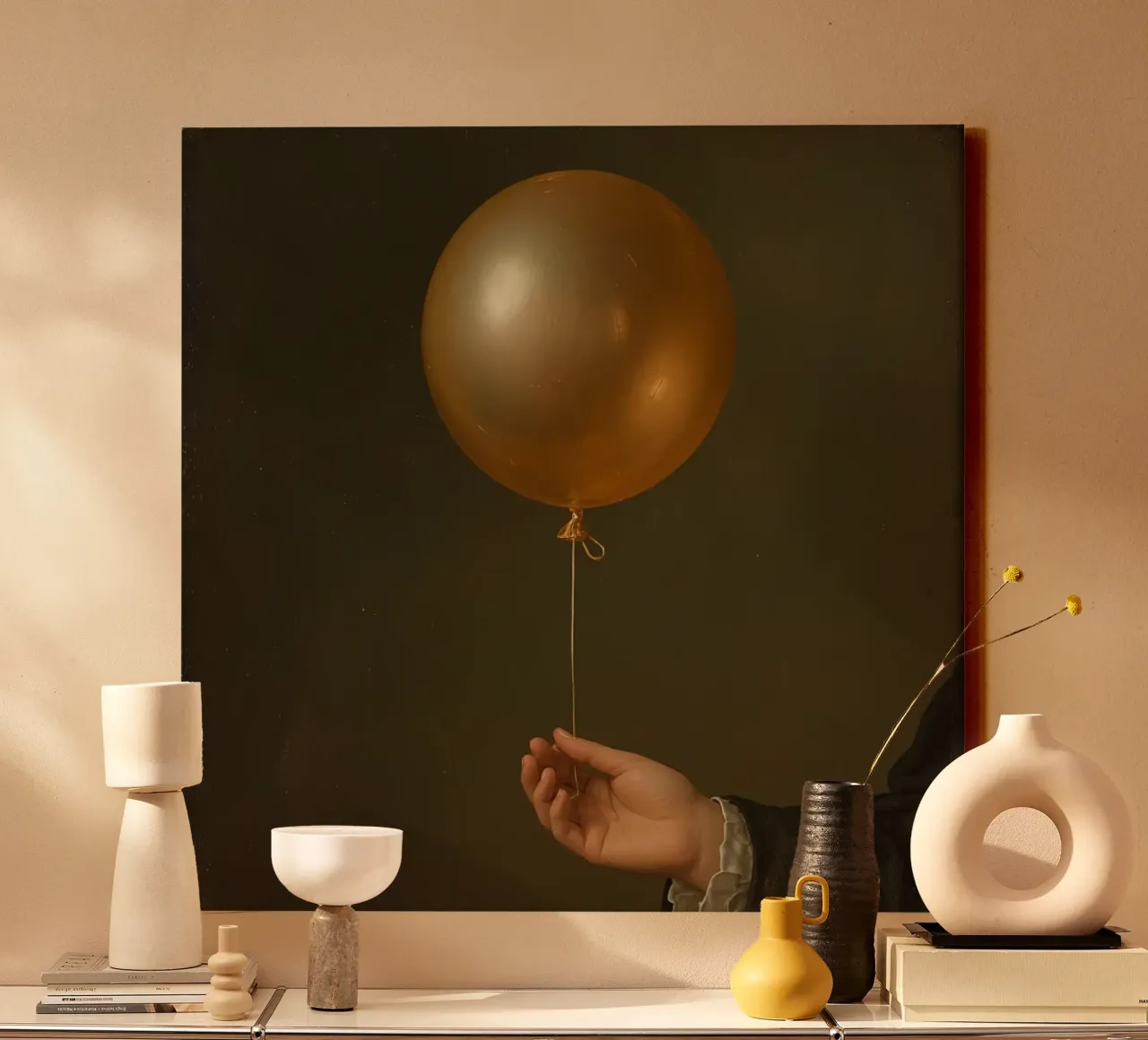 Pallone d'oro tenuto da una mano su uno sfondo scuro tela con Cornice a cassetta da DesignDoodle
