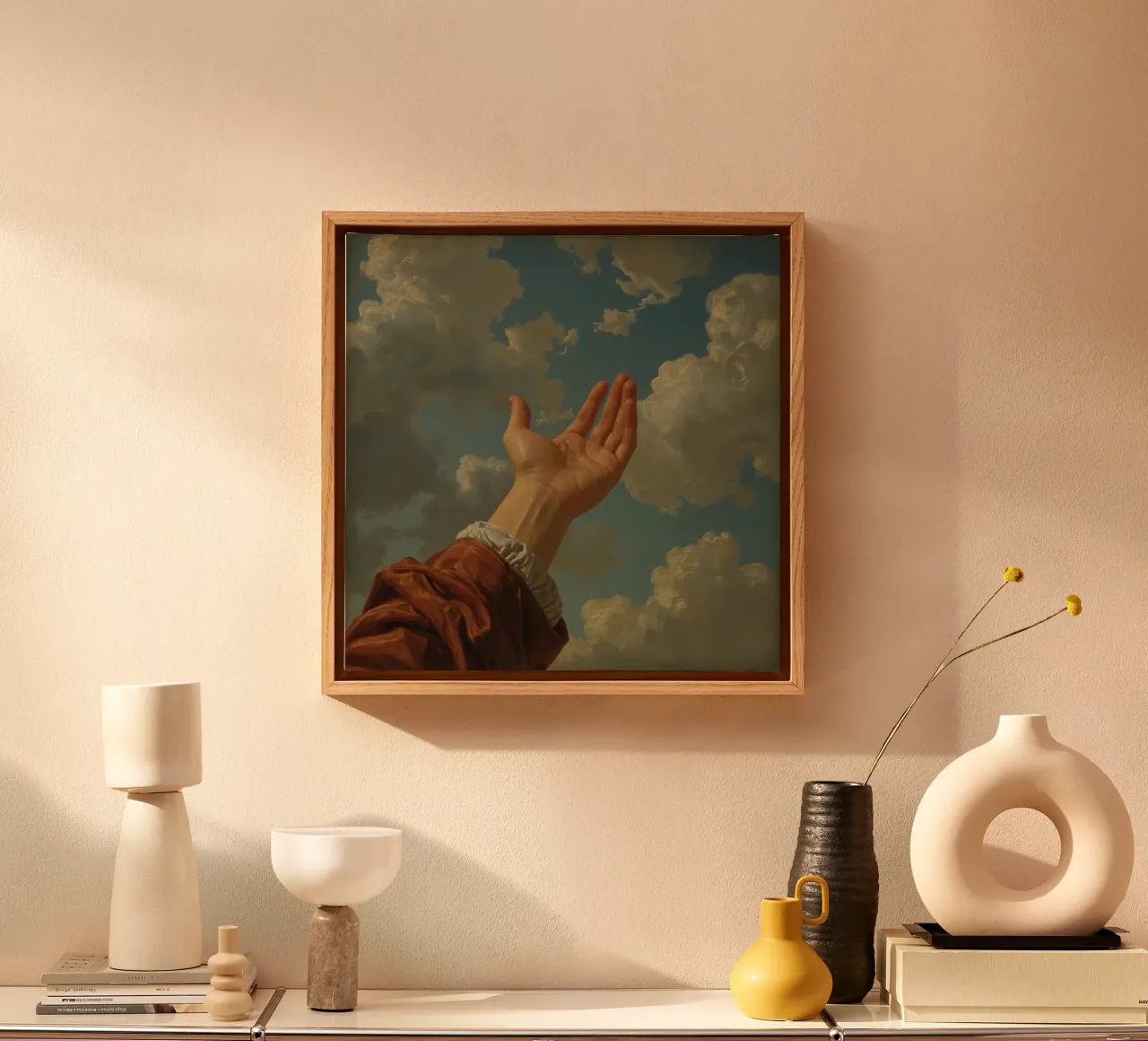 Outstretched hand reaches toward a cloudy sky in a pastoral canvas with Floater frame by DesignDoodle