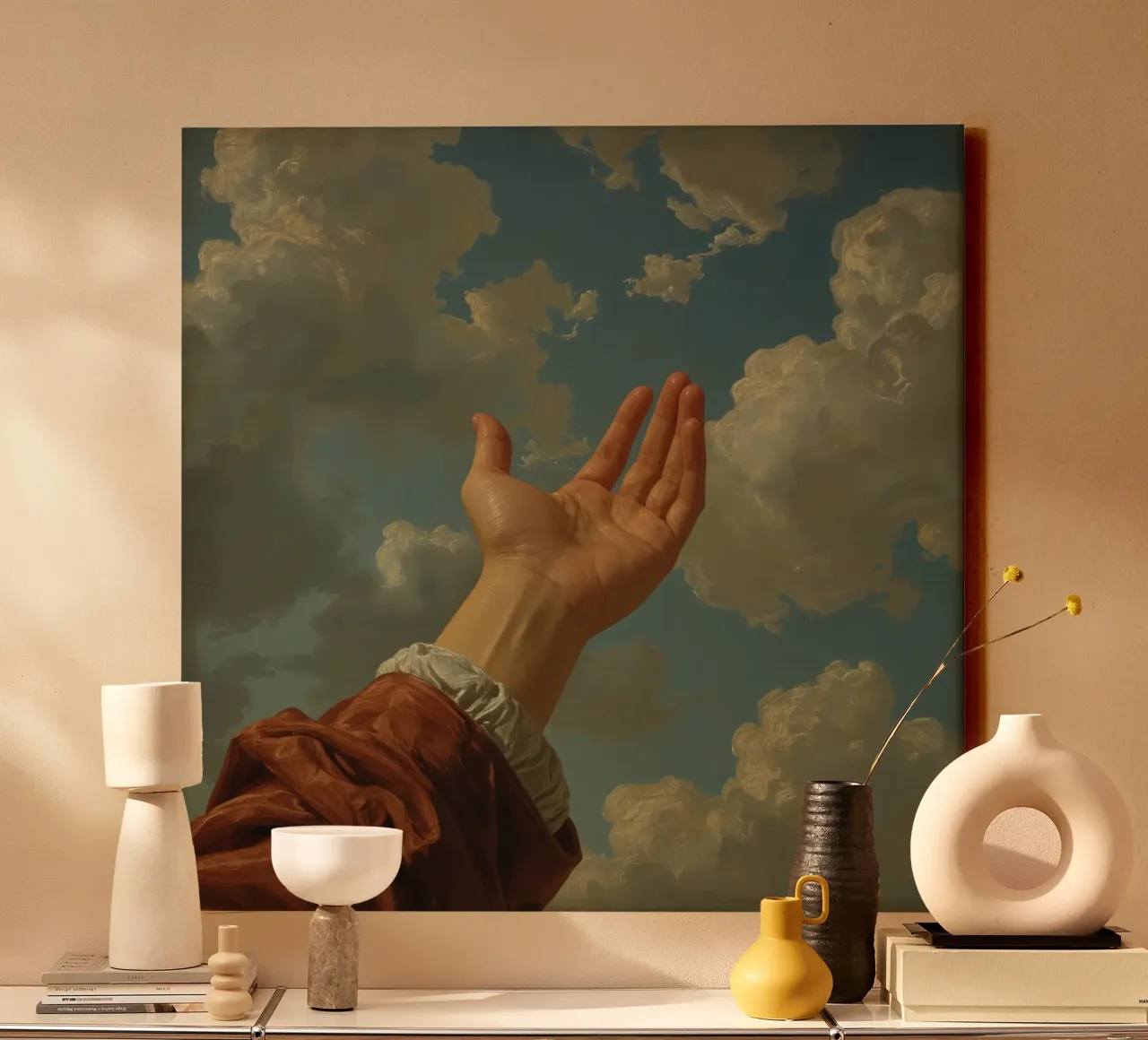 Outstretched hand reaches toward a cloudy sky in a pastoral canvas with Floater frame by DesignDoodle