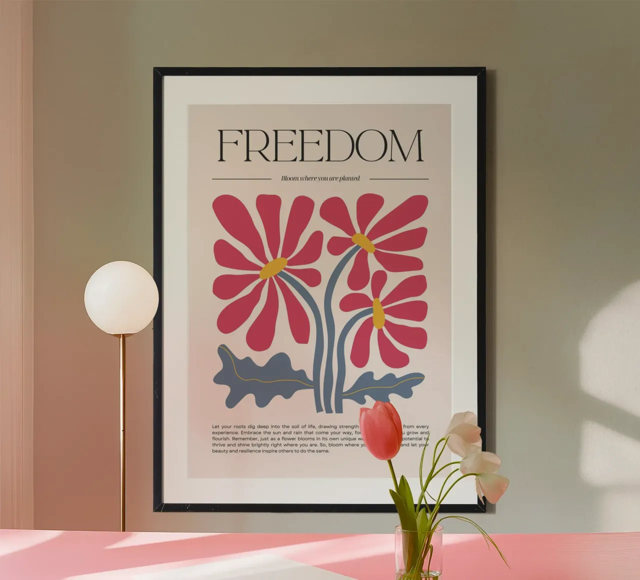 "Vrijheid" Bloemrijke Roze & Gele Bloei Kunstdruk poster van homdeco