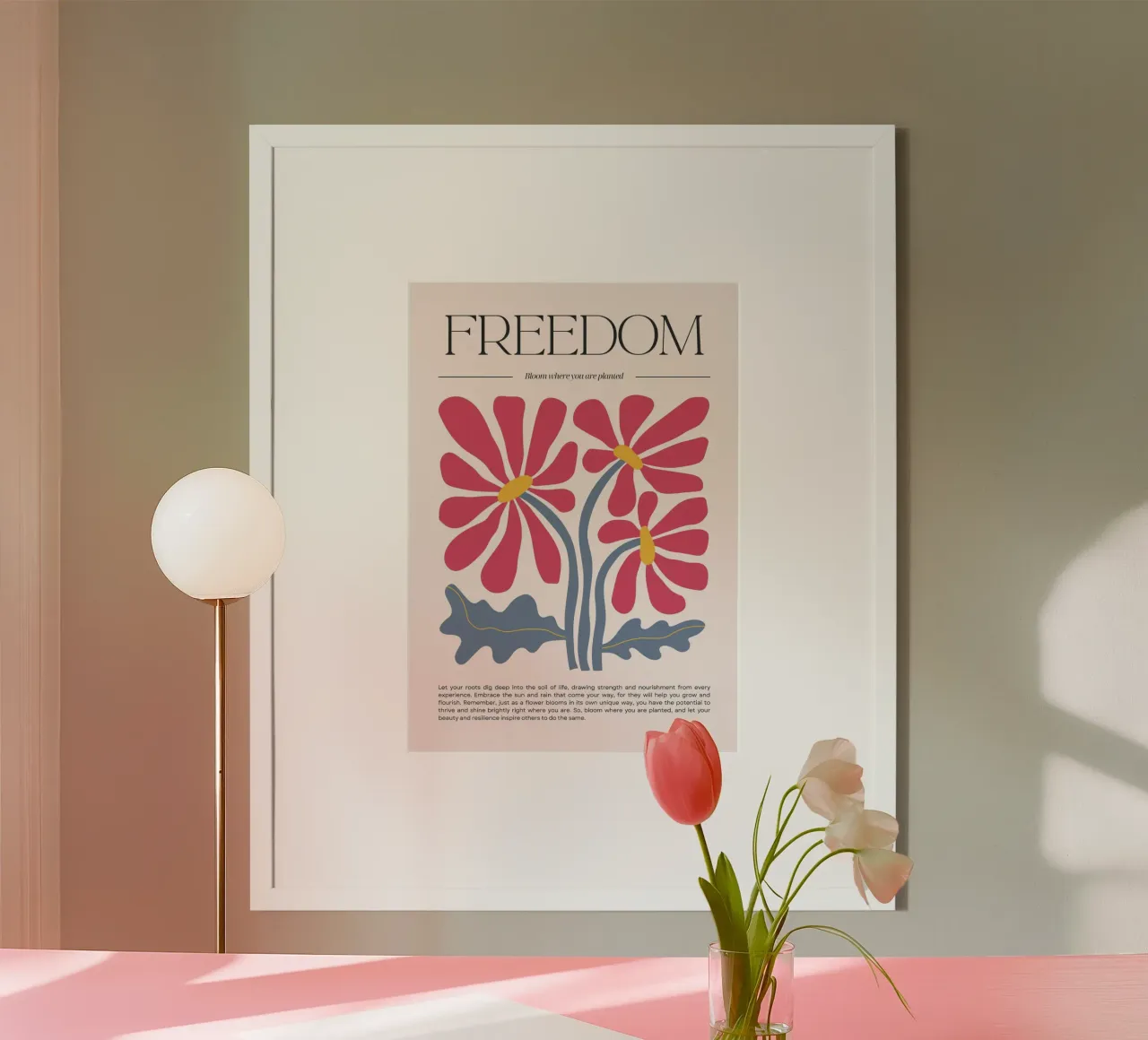 "Vrijheid" Bloemrijke Roze & Gele Bloei Kunstdruk poster van homdeco