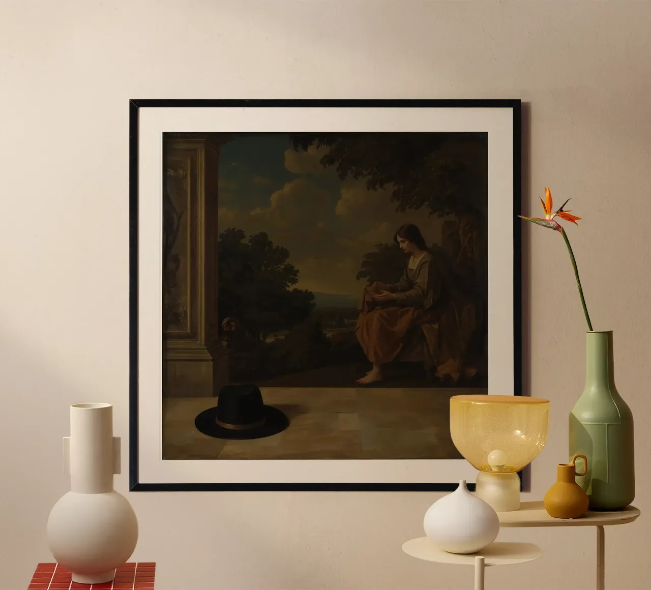 Femme assise en contemplation avec un chapeau posé à proximité poster de DesignDoodle