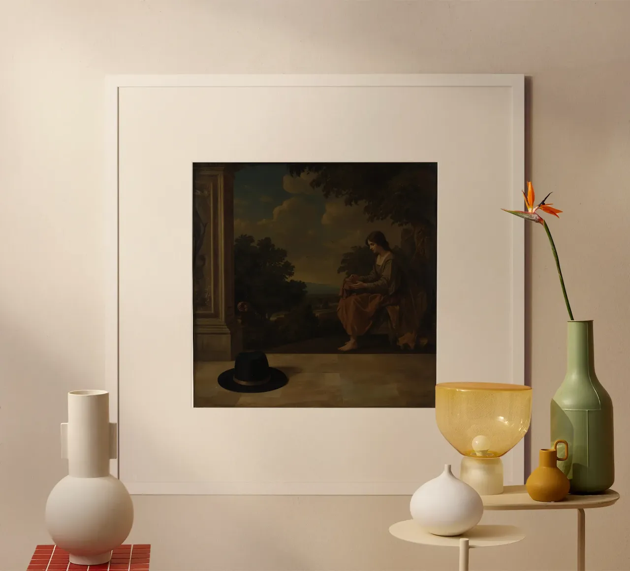 Femme assise en contemplation avec un chapeau posé à proximité poster de DesignDoodle