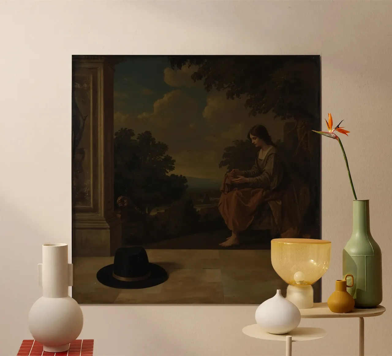 Femme assise en contemplation avec un chapeau posé à proximité poster de DesignDoodle