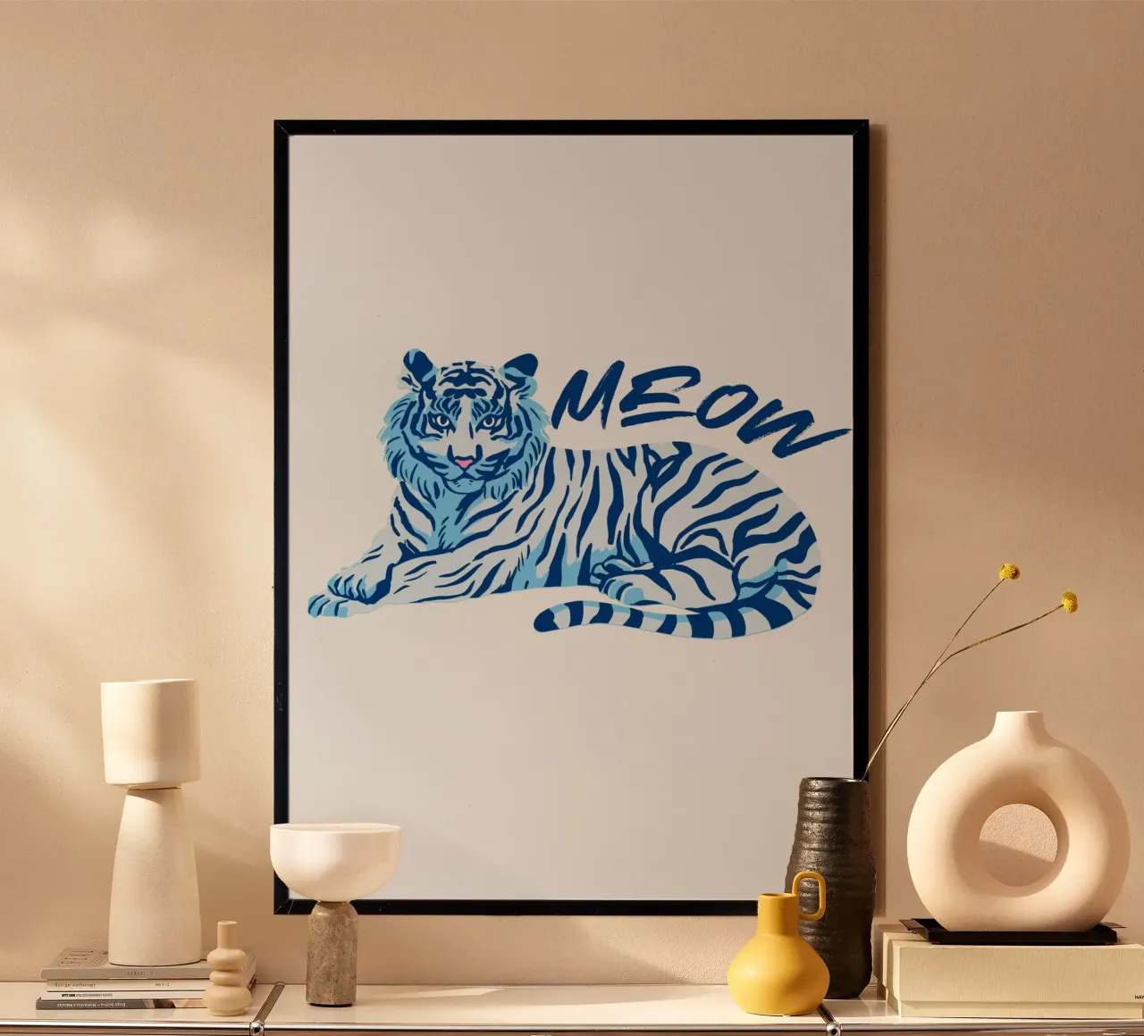 Stampa animale pop art "Meow" Tigre blu poster con telaio in plastica da homdeco