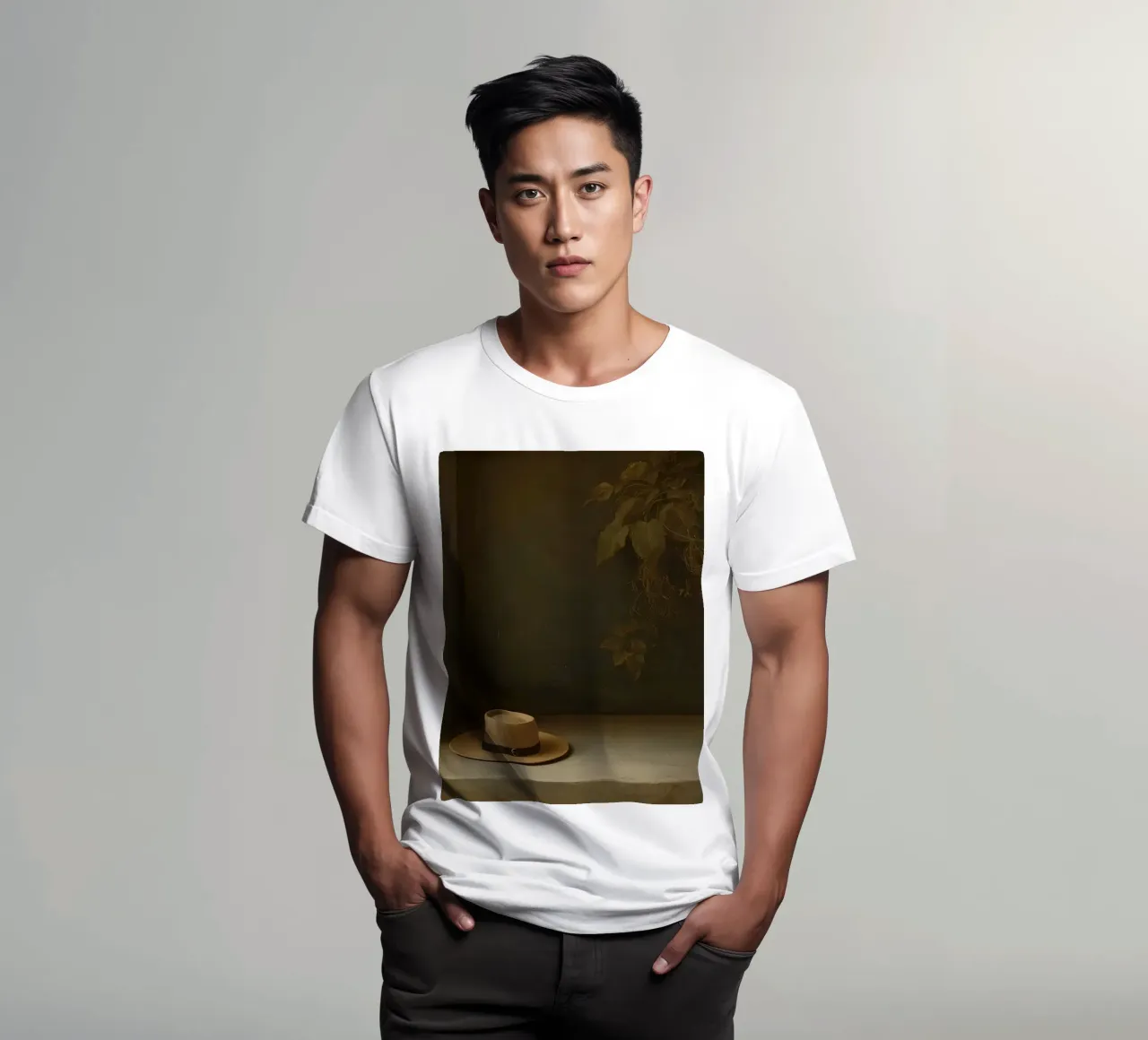 Cappello appoggiato su una superficie con foglie in un ambiente muto t-shirt da DesignDoodle