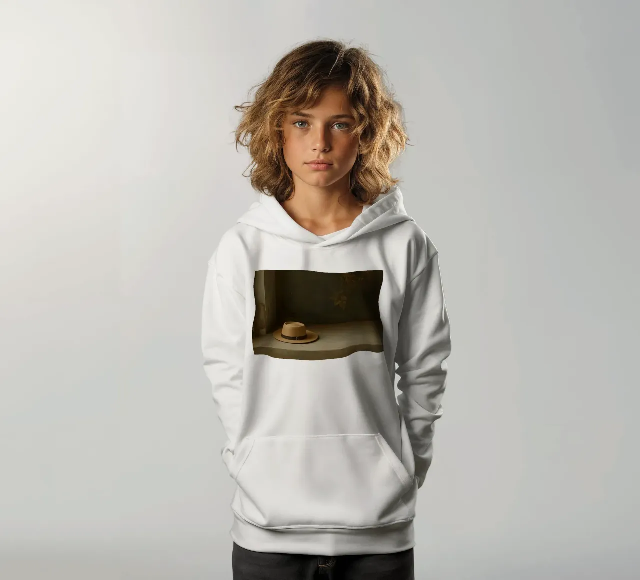 Cappello appoggiato su una superficie con foglie in un ambiente muto felpa bambino con cappuccio da DesignDoodle