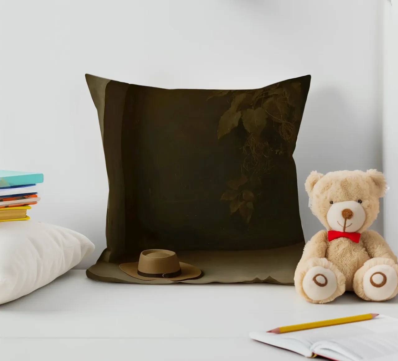 Cappello appoggiato su una superficie con foglie in un ambiente muto cuscino da DesignDoodle