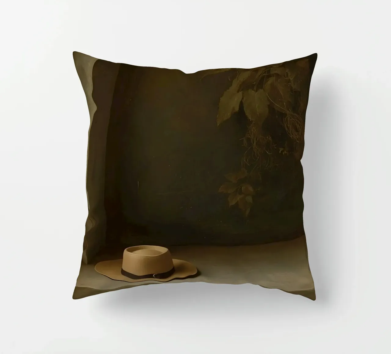 Cappello appoggiato su una superficie con foglie in un ambiente muto cuscino da DesignDoodle