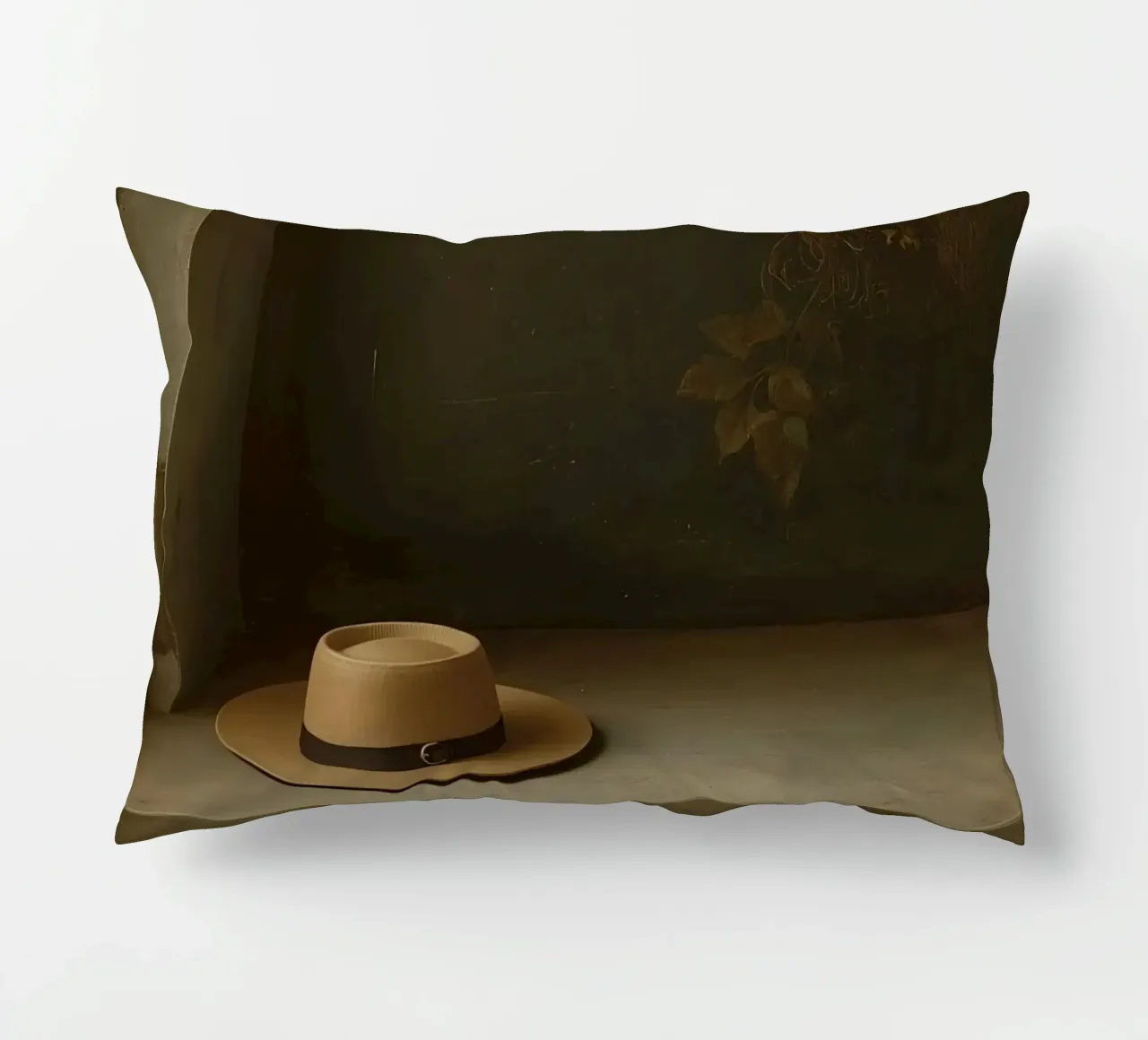 Cappello appoggiato su una superficie con foglie in un ambiente muto cuscino da DesignDoodle