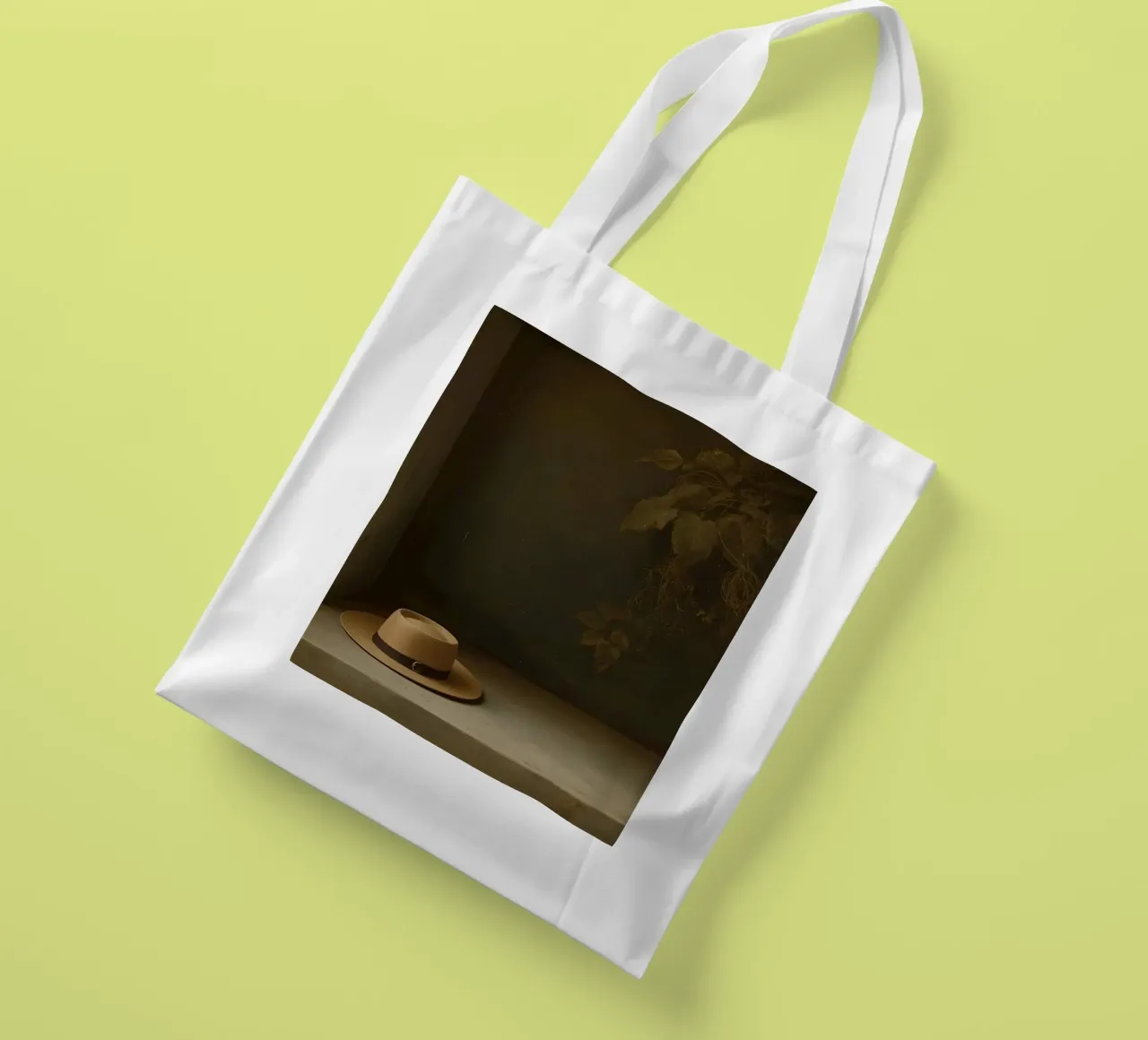 Hat resting on a surface with leaves in a muted setting tote bag by DesignDoodle